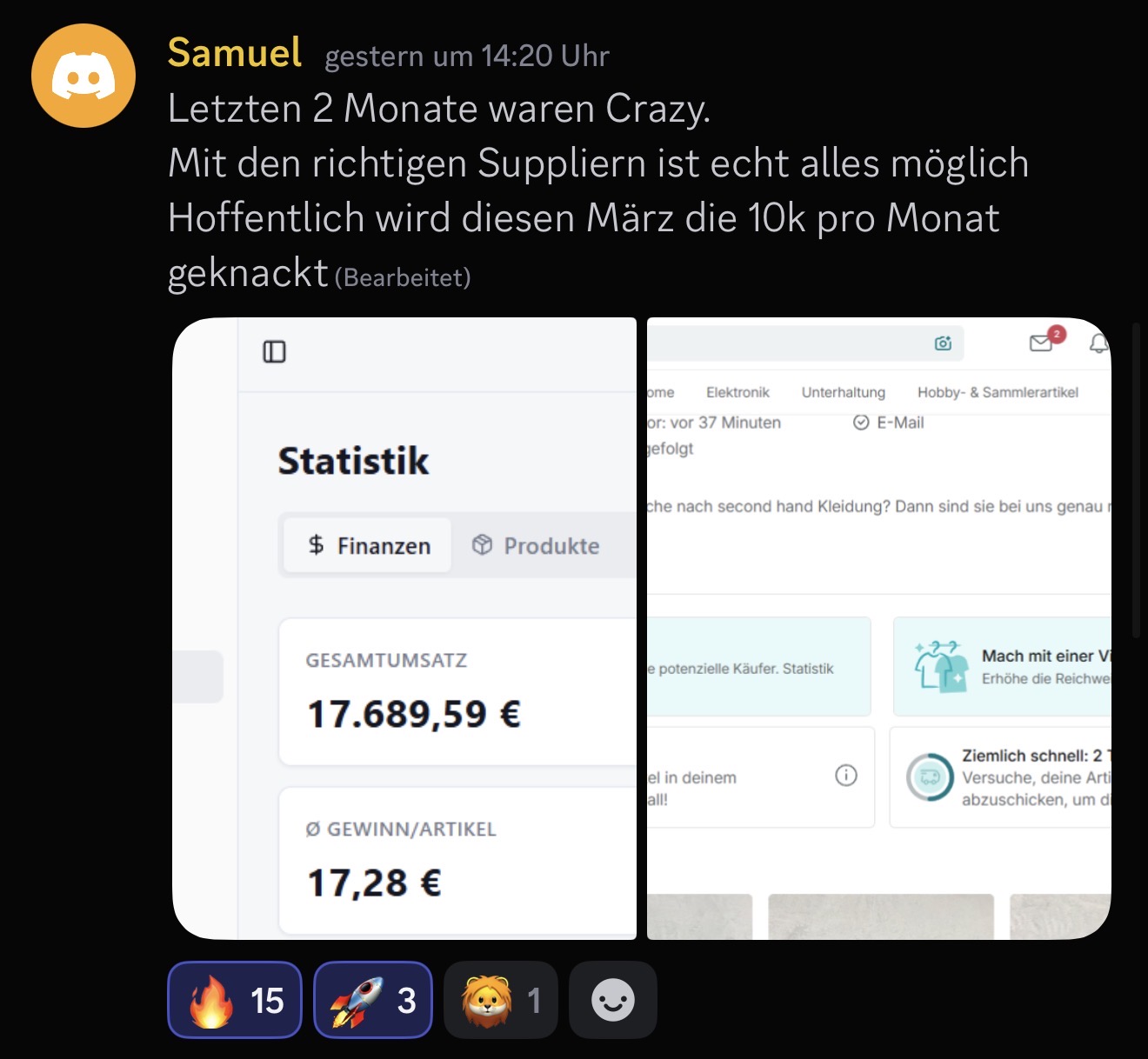 Originalbeitrag von Samuel: 17.689,59 €, umsatz in 2 monaten